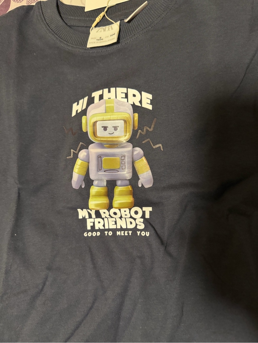 ZARA Black Tee with Yellow & Gray Robot Graphic